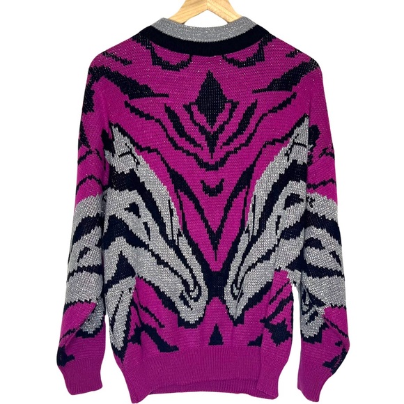 🦓2xHP🦓 Vintage Pink Silver Black Zebra Funky Eclectic Maximalist Sweater - Large - Picture 1 of 8